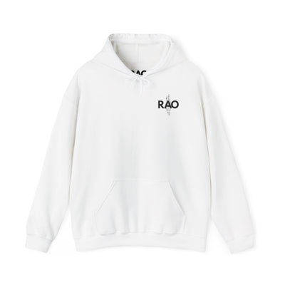 RAO Graphic Unisex Hoodie | Black Logo with Small Kufiya Map Design | Cultural Streetwear, Comfortable Eco-Friendly Hoodie