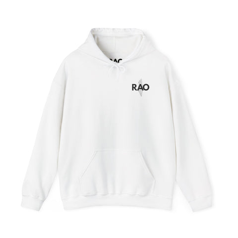 RAO Graphic Unisex Hoodie | Black Logo with Small Kufiya Map Design | Cultural Streetwear, Comfortable Eco-Friendly Hoodie