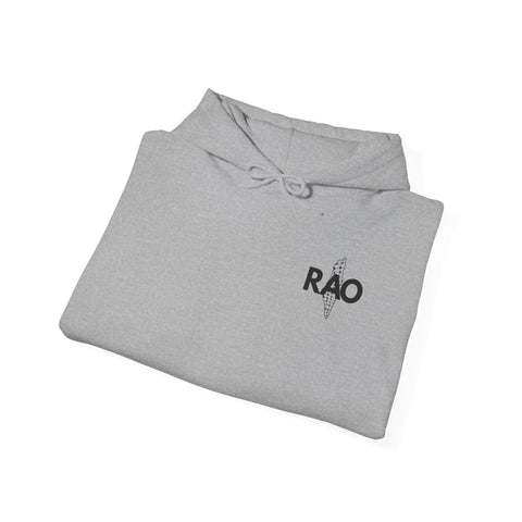 RAO Graphic Unisex Hoodie | Black Logo with Small Kufiya Map Design | Cultural Streetwear, Comfortable Eco-Friendly Hoodie