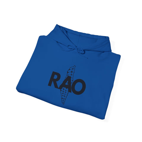 RAO Graphic Unisex Hoodie | Black Logo with Kufiya Map Design | Cultural Streetwear, Comfortable Eco-Friendly Hoodie