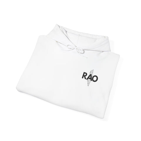 RAO Graphic Unisex Hoodie | Black Logo with Small Kufiya Map Design | Cultural Streetwear, Comfortable Eco-Friendly Hoodie