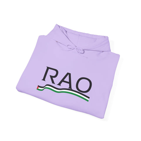 RAO Resistance Against Oppression Unisex Hoodie | Black RAO Letters with Palestinian Map & Flag Ribbon | Cultural Streetwear, Eco-Friendly Hoodie