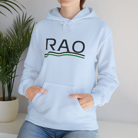 RAO Resistance Against Oppression Unisex Hoodie | Black RAO Letters with Palestinian Map & Flag Ribbon | Cultural Streetwear, Eco-Friendly Hoodie