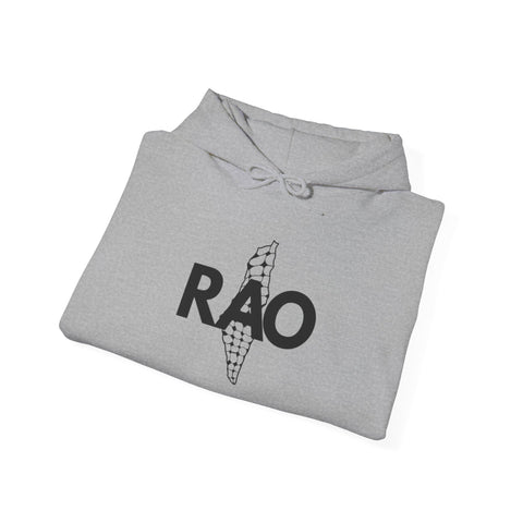 RAO Graphic Unisex Hoodie | Black Logo with Kufiya Map Design | Cultural Streetwear, Comfortable Eco-Friendly Hoodie