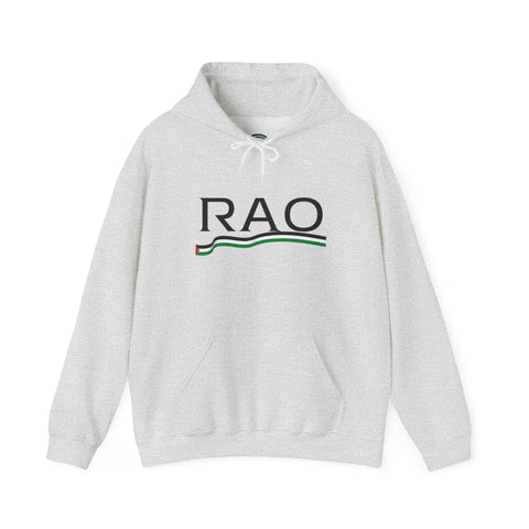 RAO Resistance Against Oppression Unisex Hoodie | Black RAO Letters with Palestinian Map & Flag Ribbon | Cultural Streetwear, Eco-Friendly Hoodie