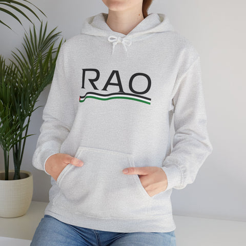 RAO Resistance Against Oppression Unisex Hoodie | Black RAO Letters with Palestinian Map & Flag Ribbon | Cultural Streetwear, Eco-Friendly Hoodie