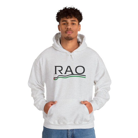RAO Resistance Against Oppression Unisex Hoodie | Black RAO Letters with Palestinian Map & Flag Ribbon | Cultural Streetwear, Eco-Friendly Hoodie