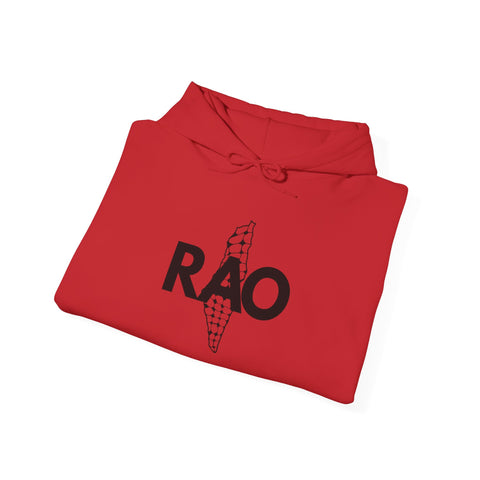 RAO Graphic Unisex Hoodie | Black Logo with Kufiya Map Design | Cultural Streetwear, Comfortable Eco-Friendly Hoodie