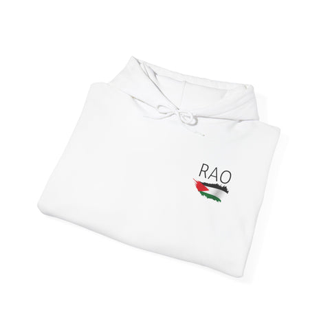 RAO Resistance Against Oppression Unisex Hoodie | Small Logo with Palestinian Flag | Cultural Streetwear, Eco-Friendly & Comfortable Hoodie