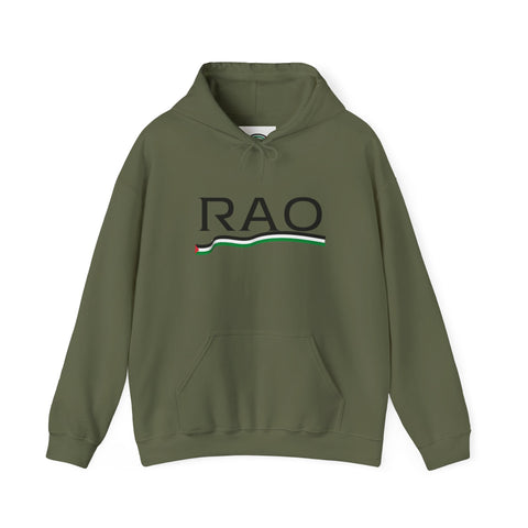 RAO Resistance Against Oppression Unisex Hoodie | Black RAO Letters with Palestinian Map & Flag Ribbon | Cultural Streetwear, Eco-Friendly Hoodie