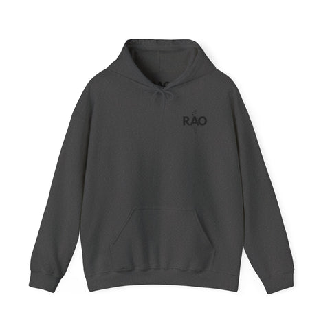 RAO Graphic Unisex Hoodie | Black Logo with Small Kufiya Map Design | Cultural Streetwear, Comfortable Eco-Friendly Hoodie