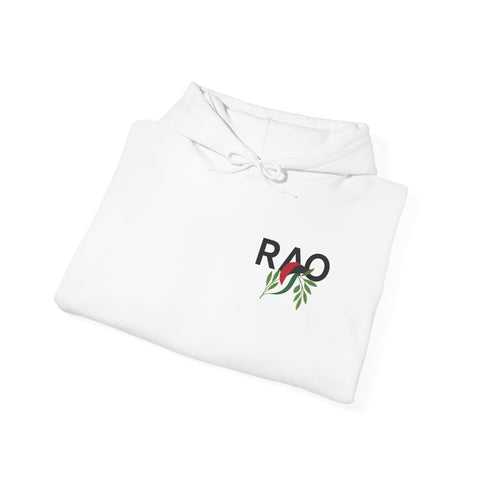 RAO Unisex Hoodie | Small Logo with Olive Leaves in Palestinian Flag Colors | Cultural Streetwear, Comfortable Eco-Friendly Hoodie