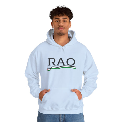 RAO Resistance Against Oppression Unisex Hoodie | Black RAO Letters with Palestinian Map & Flag Ribbon | Cultural Streetwear, Eco-Friendly Hoodie