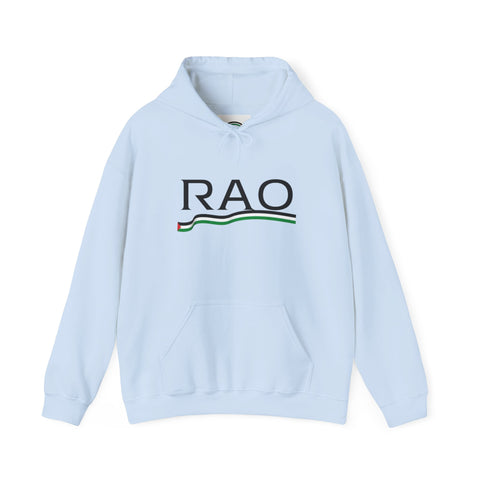RAO Resistance Against Oppression Unisex Hoodie | Black RAO Letters with Palestinian Map & Flag Ribbon | Cultural Streetwear, Eco-Friendly Hoodie