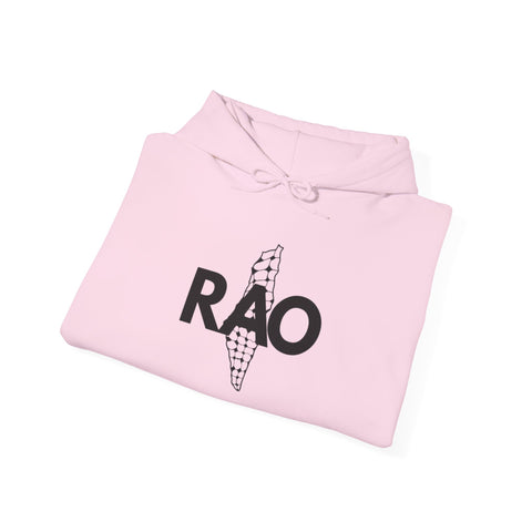 RAO Graphic Unisex Hoodie | Black Logo with Kufiya Map Design | Cultural Streetwear, Comfortable Eco-Friendly Hoodie