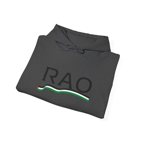 RAO Resistance Against Oppression Unisex Hoodie | Black RAO Letters with Palestinian Map & Flag Ribbon | Cultural Streetwear, Eco-Friendly Hoodie