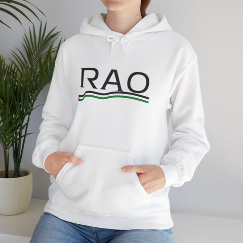 RAO Resistance Against Oppression Unisex Hoodie | Black RAO Letters with Palestinian Map & Flag Ribbon | Cultural Streetwear, Eco-Friendly Hoodie