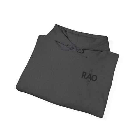 RAO Graphic Unisex Hoodie | Black Logo with Small Kufiya Map Design | Cultural Streetwear, Comfortable Eco-Friendly Hoodie