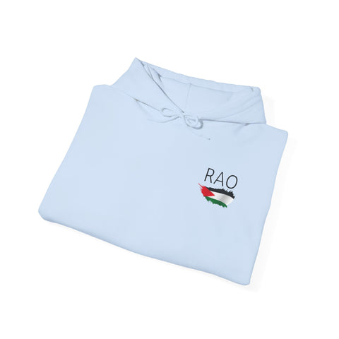 RAO Resistance Against Oppression Unisex Hoodie | Small Logo with Palestinian Flag | Cultural Streetwear, Eco-Friendly & Comfortable Hoodie