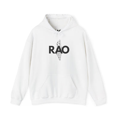 RAO Graphic Unisex Hoodie | Black Logo with Kufiya Map Design | Cultural Streetwear, Comfortable Eco-Friendly Hoodie