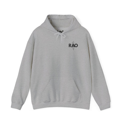 RAO Graphic Unisex Hoodie | Black Logo with Small Kufiya Map Design | Cultural Streetwear, Comfortable Eco-Friendly Hoodie