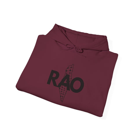 RAO Graphic Unisex Hoodie | Black Logo with Kufiya Map Design | Cultural Streetwear, Comfortable Eco-Friendly Hoodie