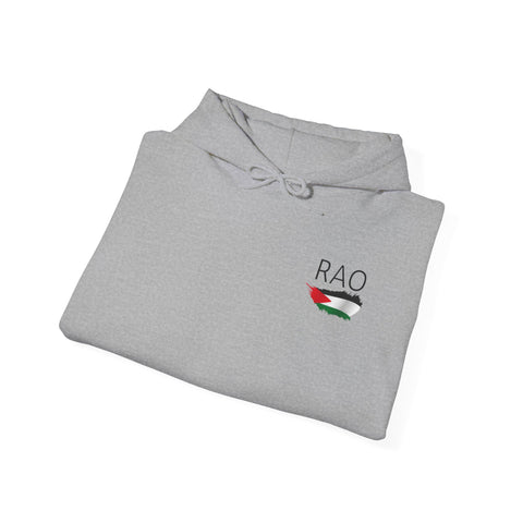 RAO Resistance Against Oppression Unisex Hoodie | Small Logo with Palestinian Flag | Cultural Streetwear, Eco-Friendly & Comfortable Hoodie