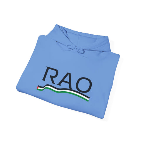 RAO Resistance Against Oppression Unisex Hoodie | Black RAO Letters with Palestinian Map & Flag Ribbon | Cultural Streetwear, Eco-Friendly Hoodie