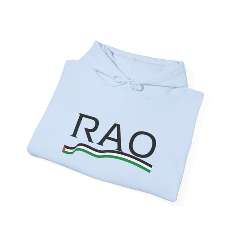 RAO Resistance Against Oppression Unisex Hoodie | Black RAO Letters with Palestinian Map & Flag Ribbon | Cultural Streetwear, Eco-Friendly Hoodie