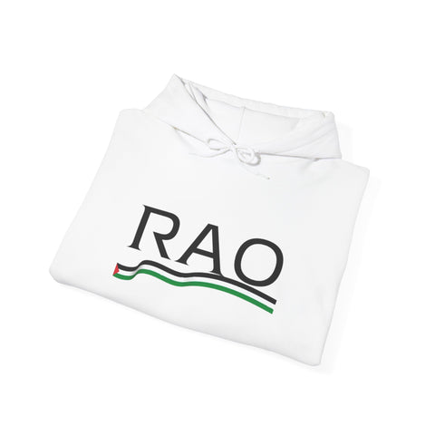 RAO Resistance Against Oppression Unisex Hoodie | Black RAO Letters with Palestinian Map & Flag Ribbon | Cultural Streetwear, Eco-Friendly Hoodie
