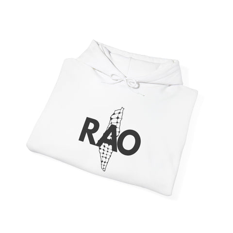 RAO Graphic Unisex Hoodie | Black Logo with Kufiya Map Design | Cultural Streetwear, Comfortable Eco-Friendly Hoodie