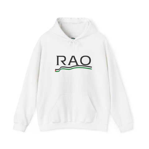 RAO Resistance Against Oppression Unisex Hoodie | Black RAO Letters with Palestinian Map & Flag Ribbon | Cultural Streetwear, Eco-Friendly Hoodie