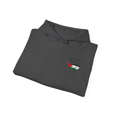 RAO Resistance Against Oppression Unisex Hoodie | Small Logo with Palestinian Flag | Cultural Streetwear, Eco-Friendly & Comfortable Hoodie