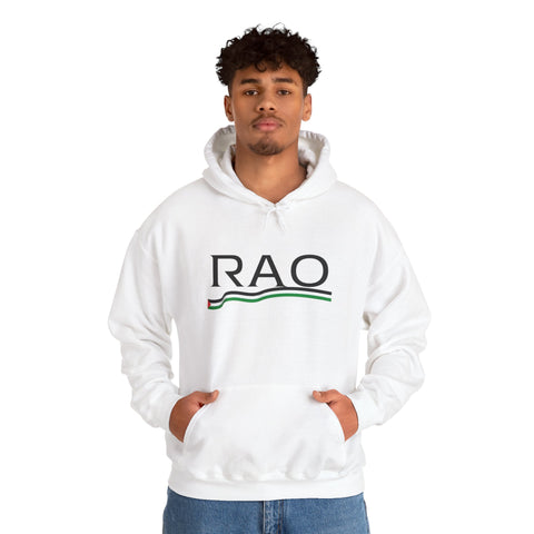 RAO Resistance Against Oppression Unisex Hoodie | Black RAO Letters with Palestinian Map & Flag Ribbon | Cultural Streetwear, Eco-Friendly Hoodie