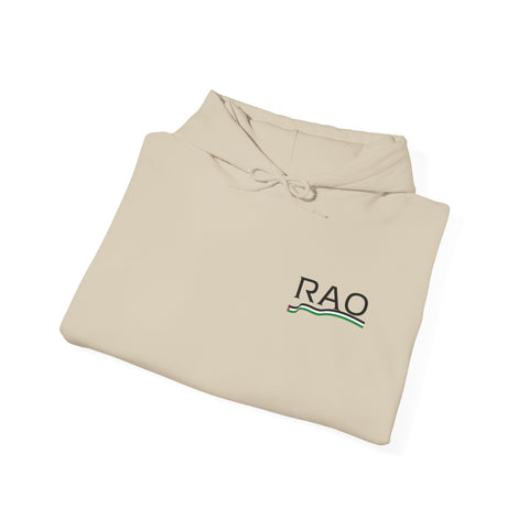 RAO Resistance Against Oppression Unisex Hoodie | Small Left Chest Logo with Palestinian Map & Flag Ribbon | Eco-Friendly Cultural Streetwear