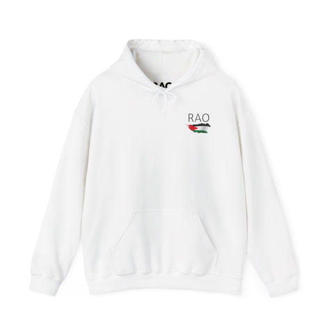 RAO Resistance Against Oppression Unisex Hoodie | Small Logo with Palestinian Flag | Cultural Streetwear, Eco-Friendly & Comfortable Hoodie