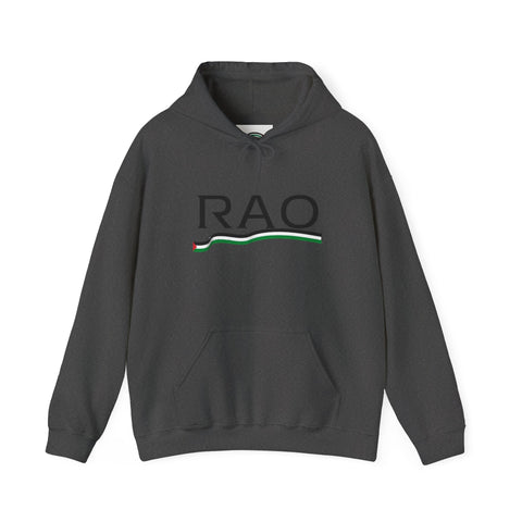 RAO Resistance Against Oppression Unisex Hoodie | Black RAO Letters with Palestinian Map & Flag Ribbon | Cultural Streetwear, Eco-Friendly Hoodie